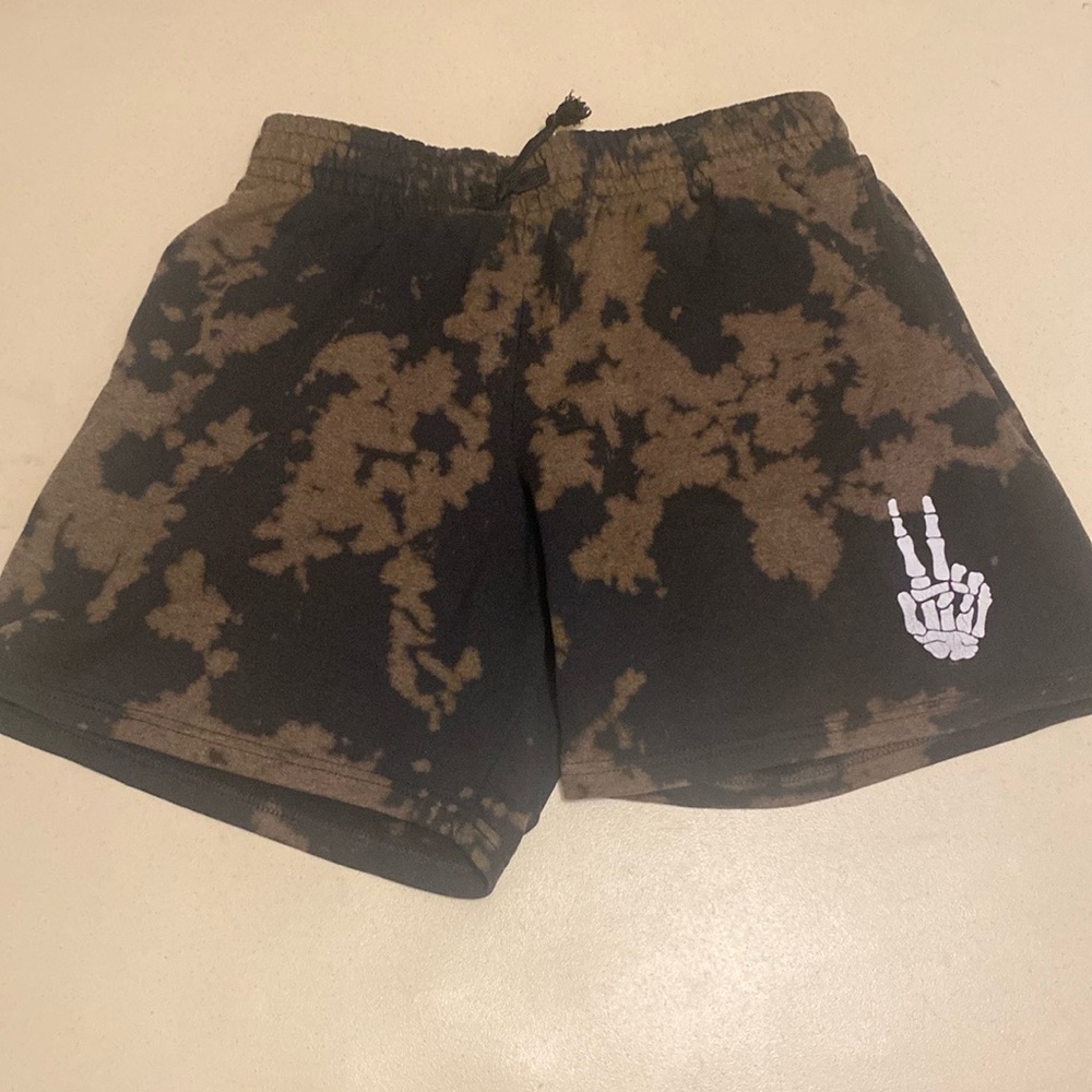 Black and Brown Tie-Dye Shorts with Skeleton Hand Design
